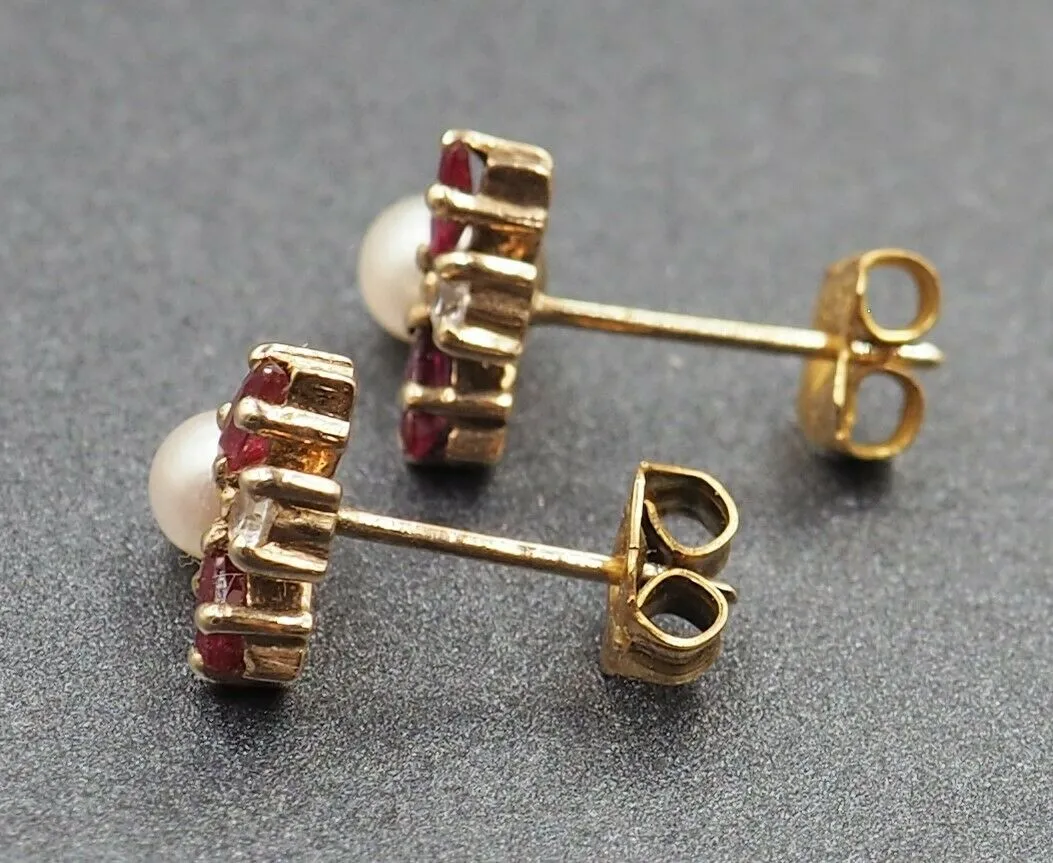 9ct Yellow Gold Ruby, Diamond & Pearl Stud Earrings