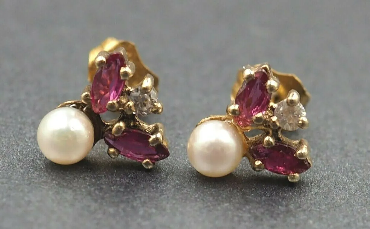 9ct Yellow Gold Ruby, Diamond & Pearl Stud Earrings