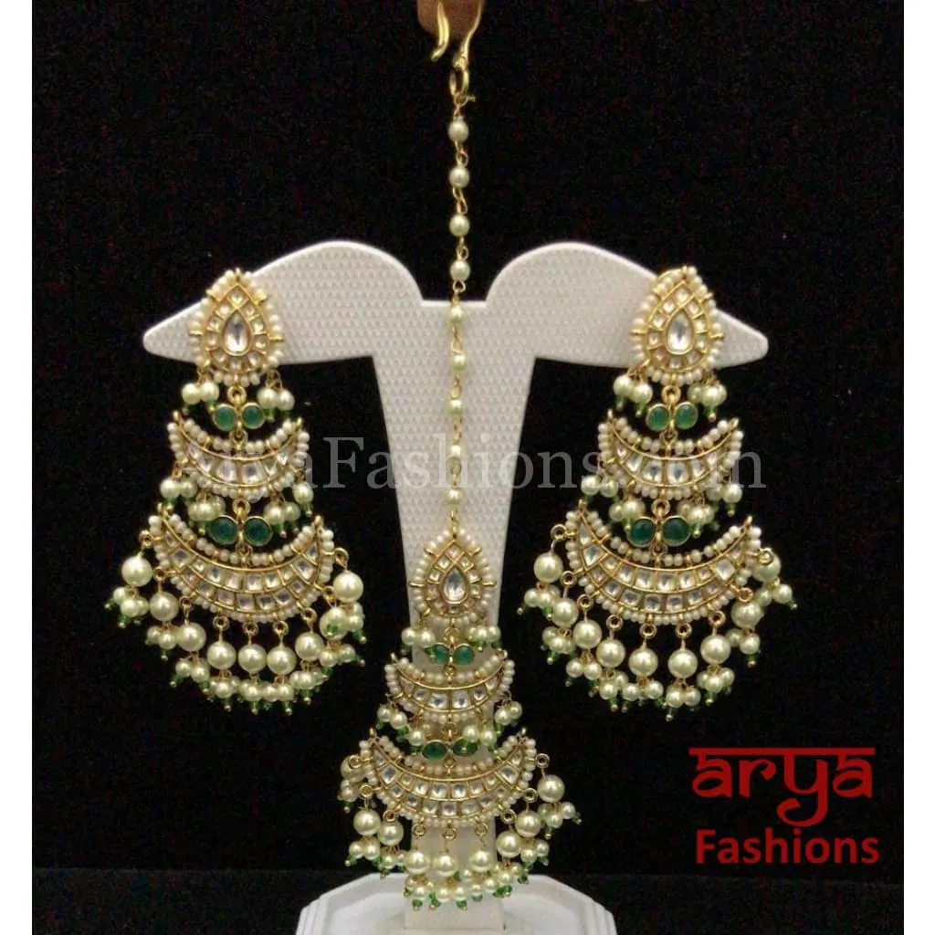Amaira Pacchi Kundan Pearl Maang Tikka and Earrings Combo Set, Indian Wedding Jewelry