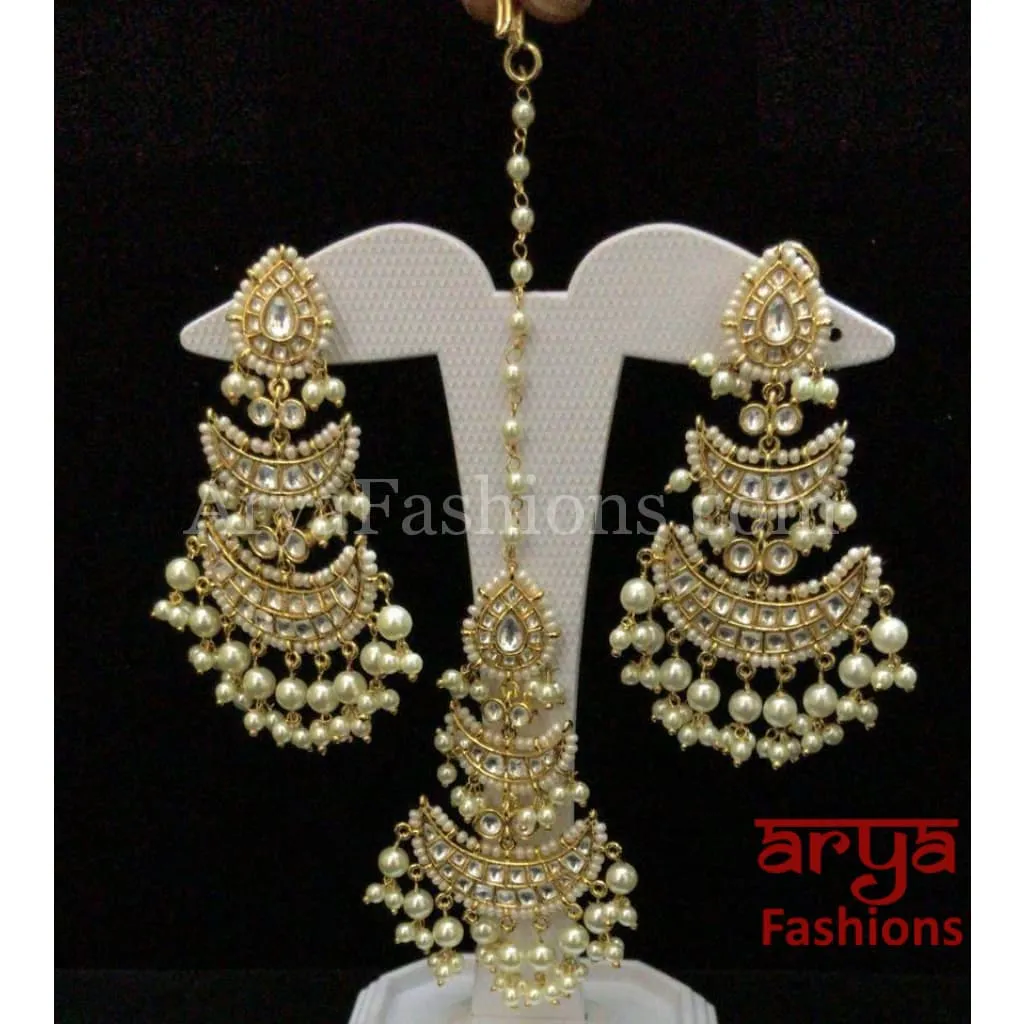 Amaira Pacchi Kundan Pearl Maang Tikka and Earrings Combo Set, Indian Wedding Jewelry