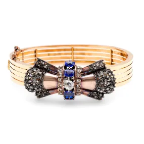 Antique French Sapphire Diamond 18K Yellow Gold Bangle