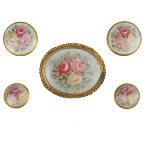 Antique Limoges Porcelain Hand Painted Roses Stud Buttons and Sash Buckle