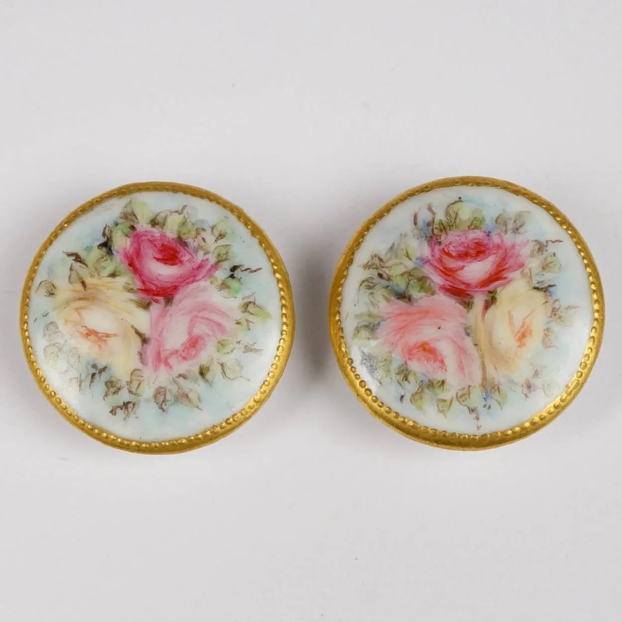 Antique Limoges Porcelain Hand Painted Roses Stud Buttons and Sash Buckle