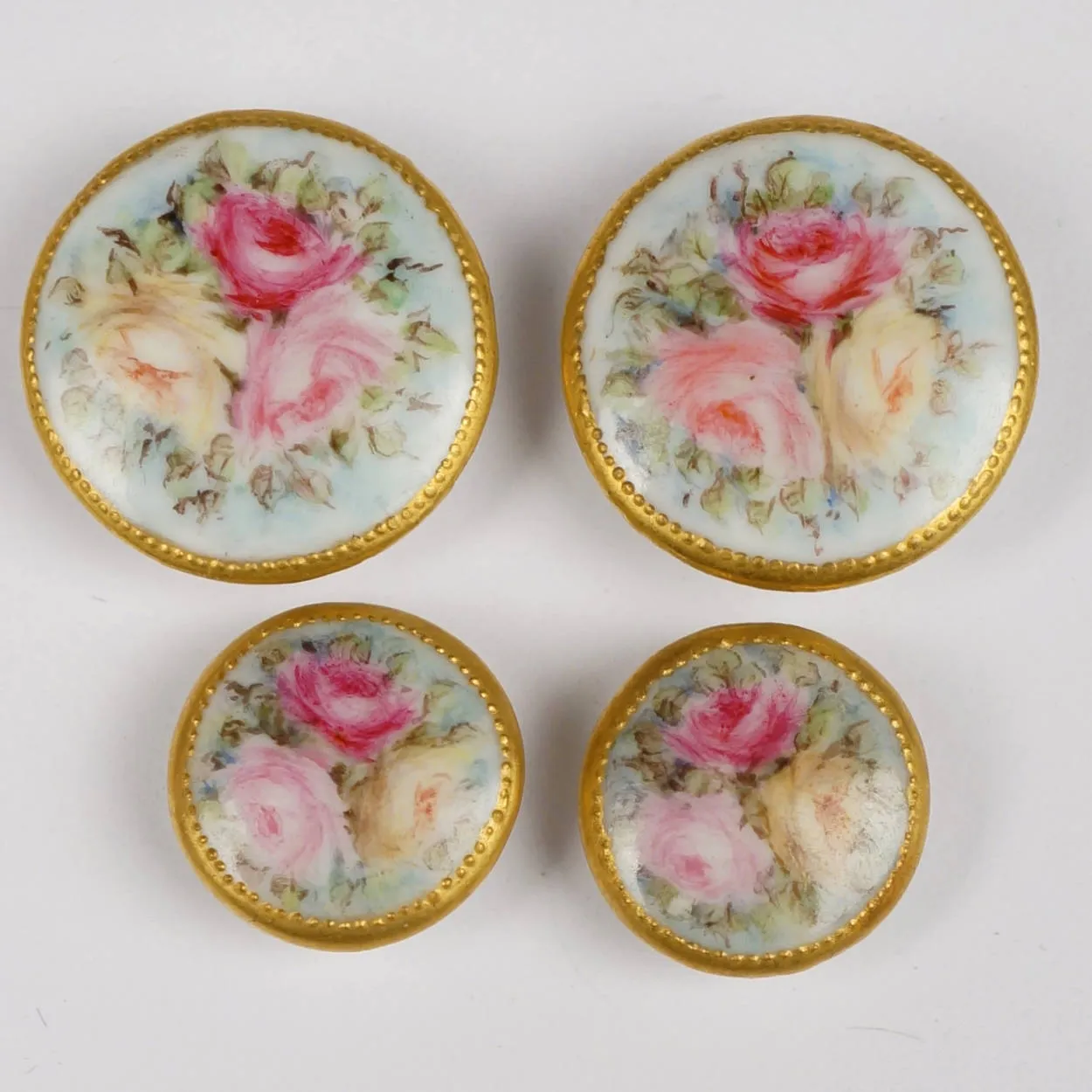 Antique Limoges Porcelain Hand Painted Roses Stud Buttons and Sash Buckle