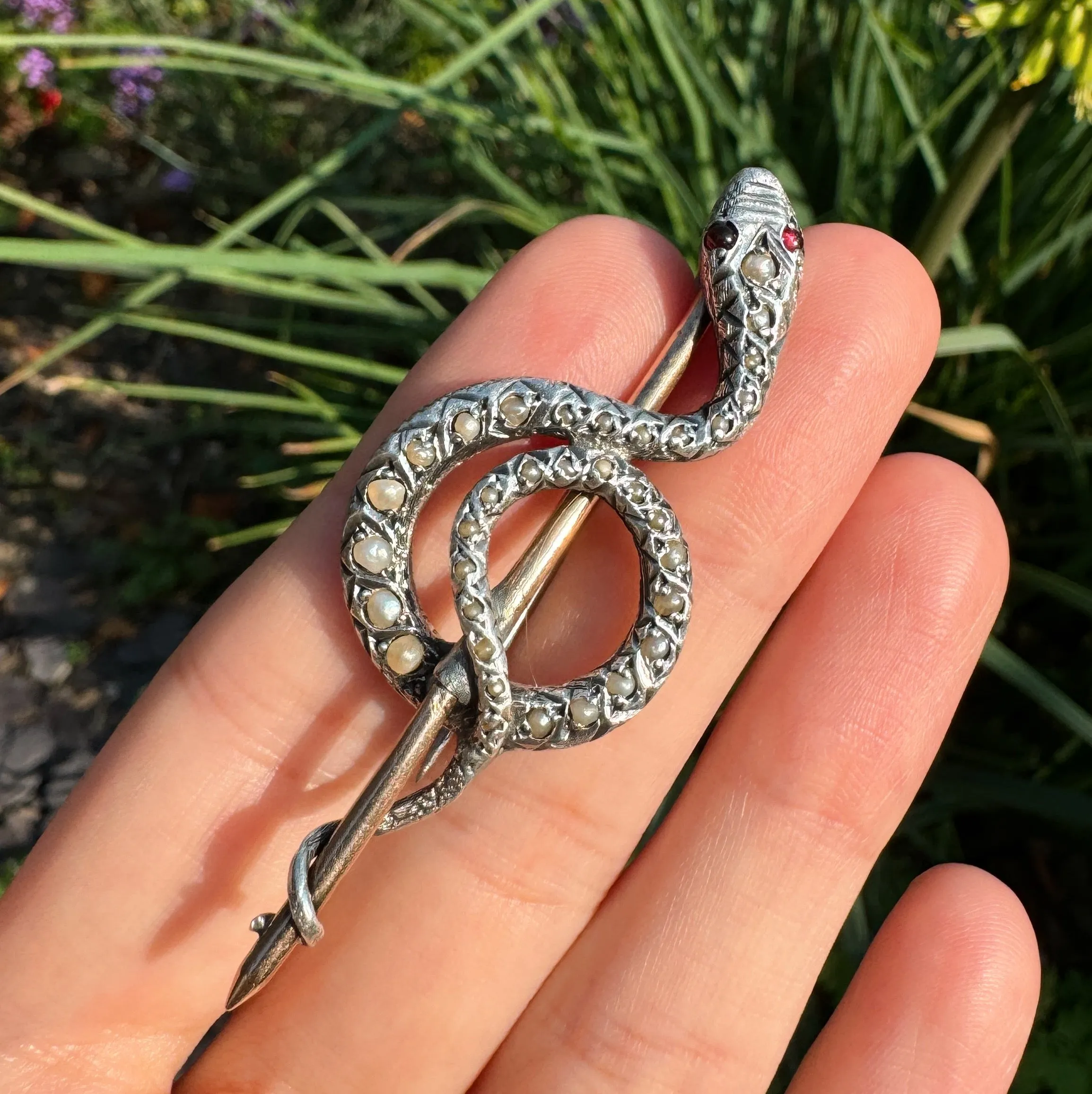 Antique Victorian Gold & Silver Pearl Snake Brooch