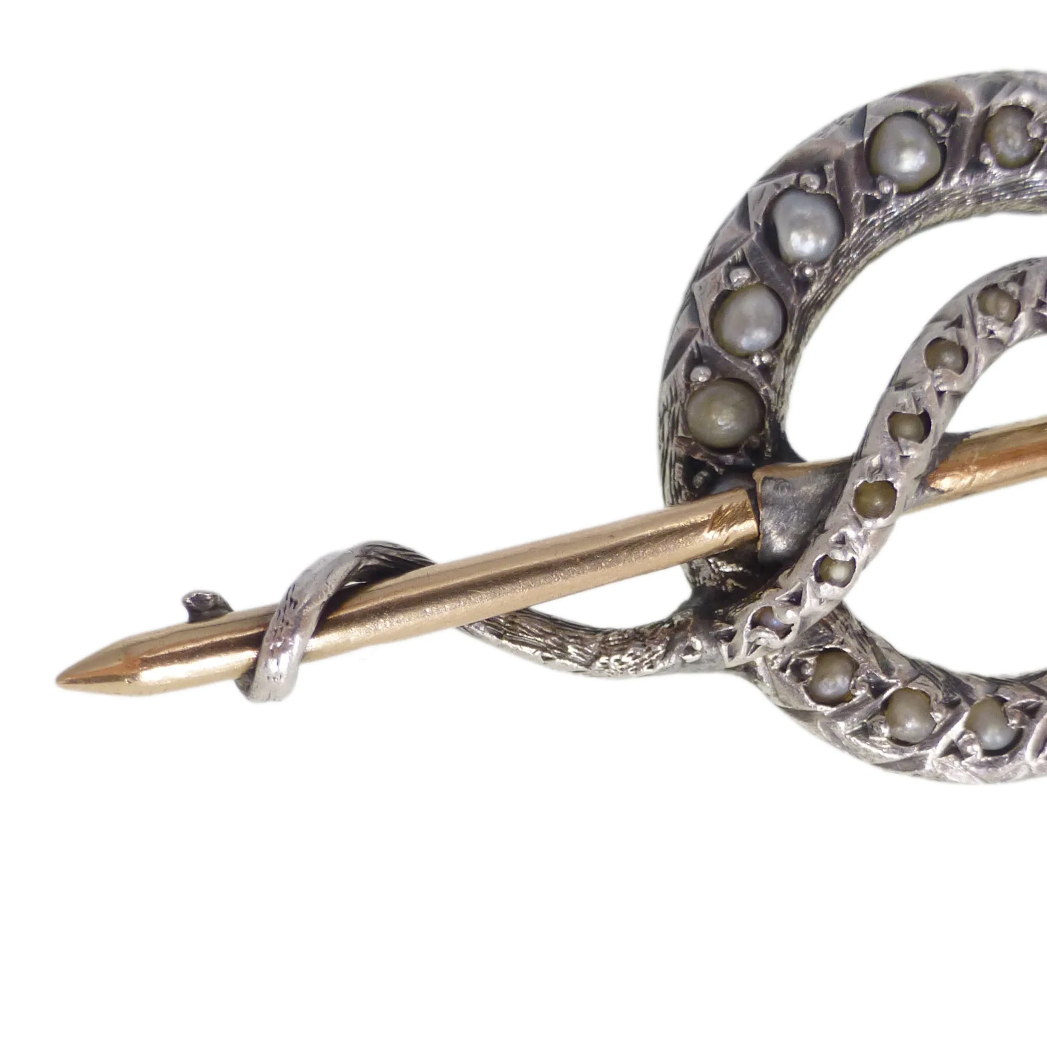 Antique Victorian Gold & Silver Pearl Snake Brooch