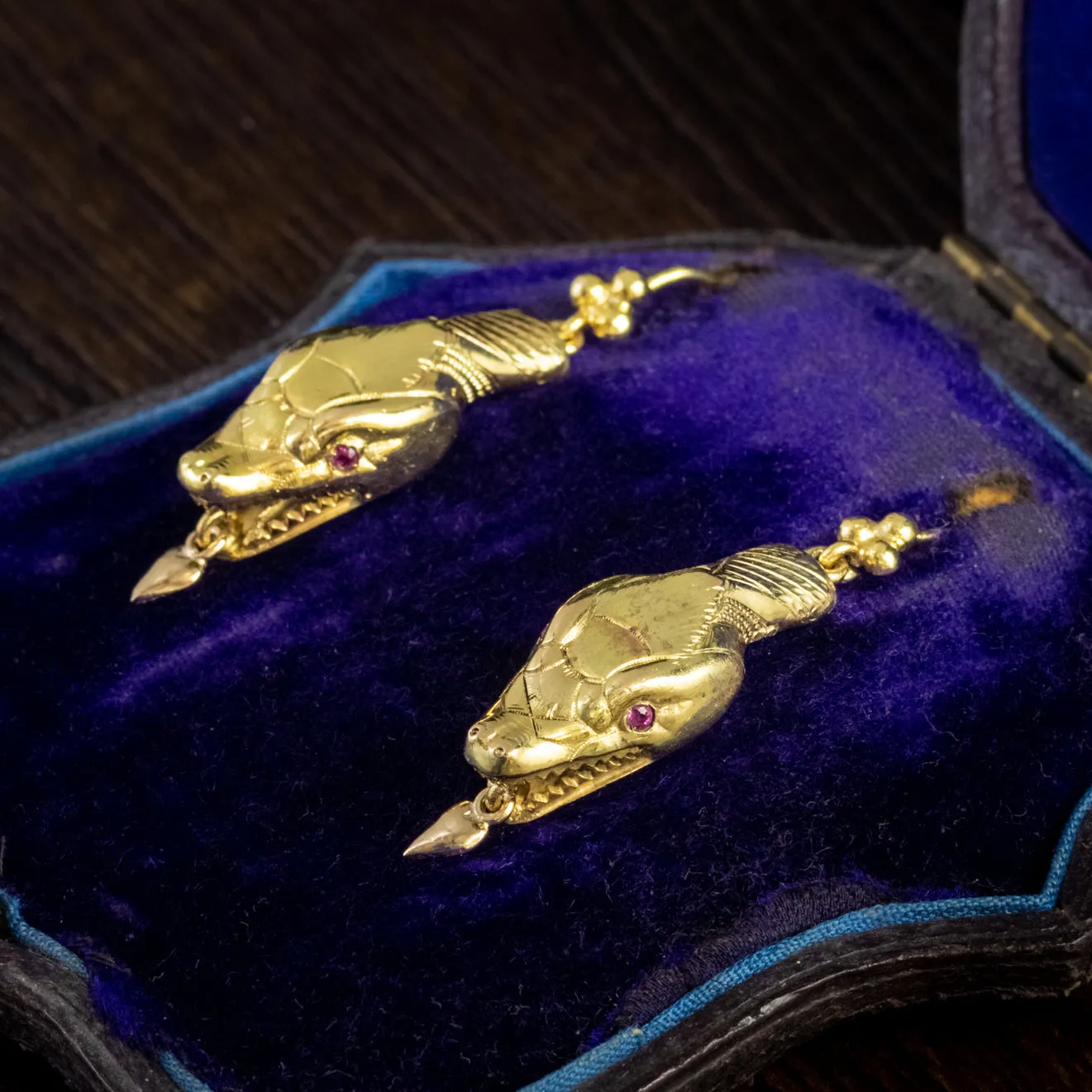Antique Victorian Ruby Snake Drop Earrings 9Ct Gold Circa 1880