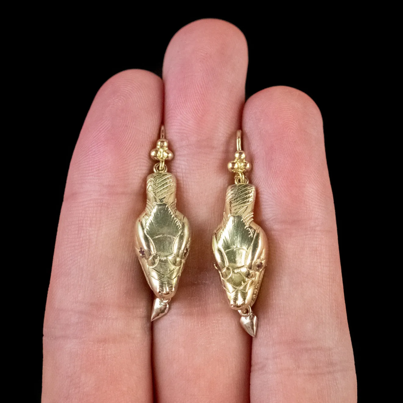 Antique Victorian Ruby Snake Drop Earrings 9Ct Gold Circa 1880