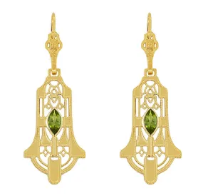 Art Deco Geometric Dangling Filigree Peridot Earrings in Sterling Silver with Yellow Gold Vermeil