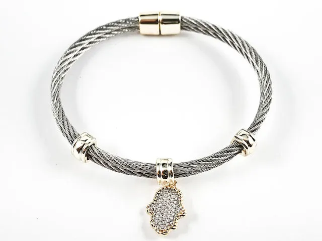 Beautiful Textured Cable Wire Style Magnetic Clasp Two Tone Dangle Hand CZ Steel Bangle