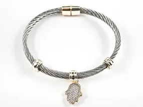 Beautiful Textured Cable Wire Style Magnetic Clasp Two Tone Dangle Hand CZ Steel Bangle