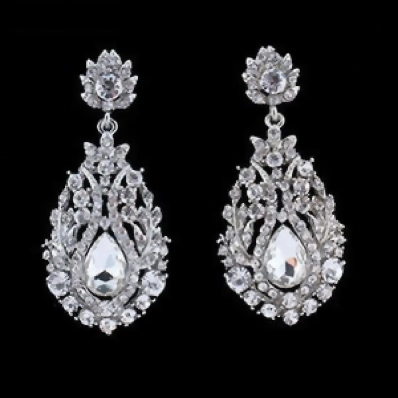 Big Silver Teardrop Crystal Wedding Bridal Pageant Earrings Four Colors