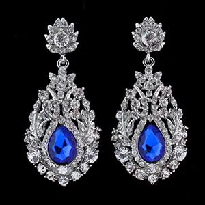 Big Silver Teardrop Crystal Wedding Bridal Pageant Earrings Four Colors