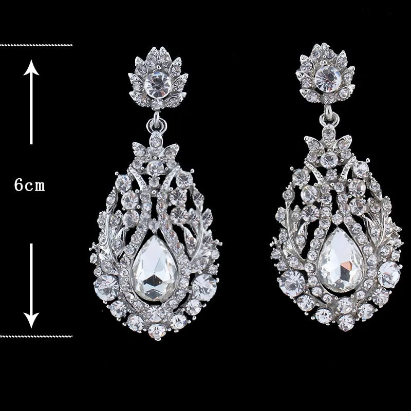 Big Silver Teardrop Crystal Wedding Bridal Pageant Earrings Four Colors