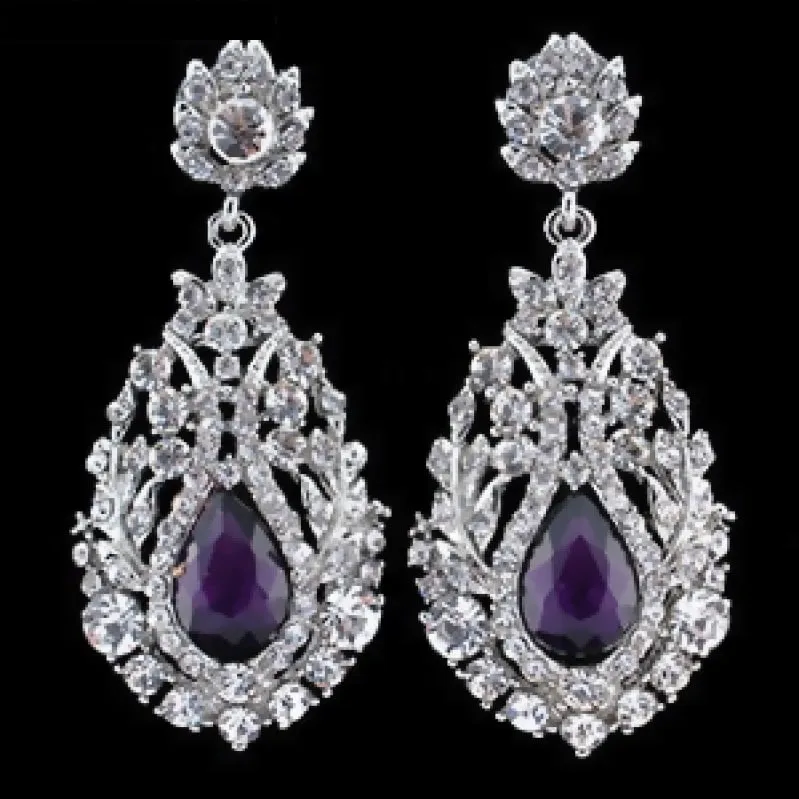 Big Silver Teardrop Crystal Wedding Bridal Pageant Earrings Four Colors