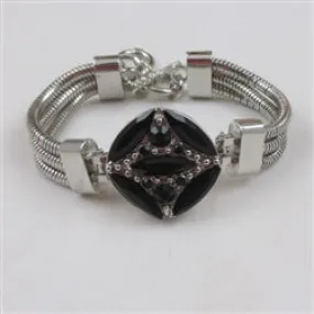 Black Crystal  Rhinestone & Silver Bangle Bracelet