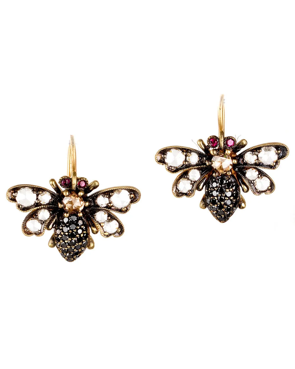 Black Diamond and Ruby Bee Earrings