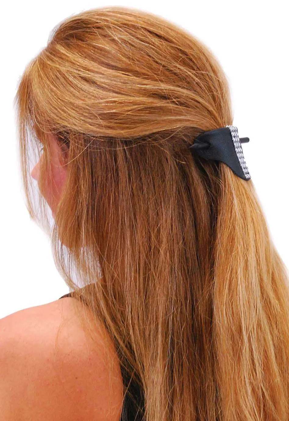 Black Leather Stick Barrette w/Crystal Stripe #AH14050SIL ()