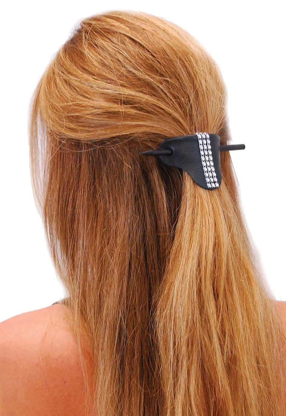 Black Leather Stick Barrette w/Crystal Stripe #AH14050SIL ()