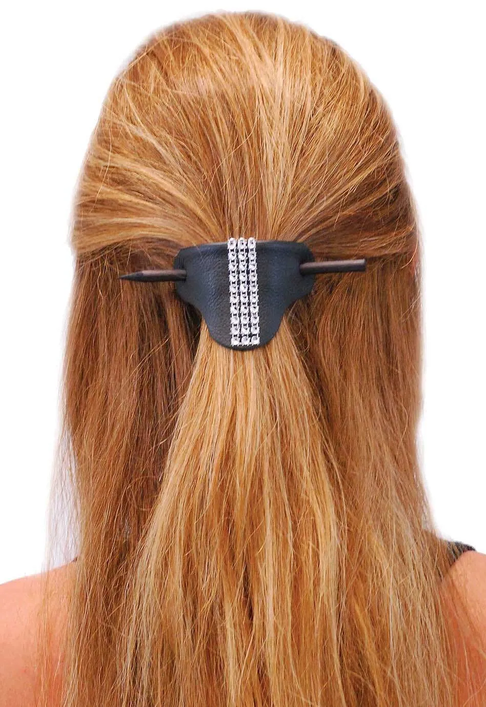 Black Leather Stick Barrette w/Crystal Stripe #AH14050SIL ()