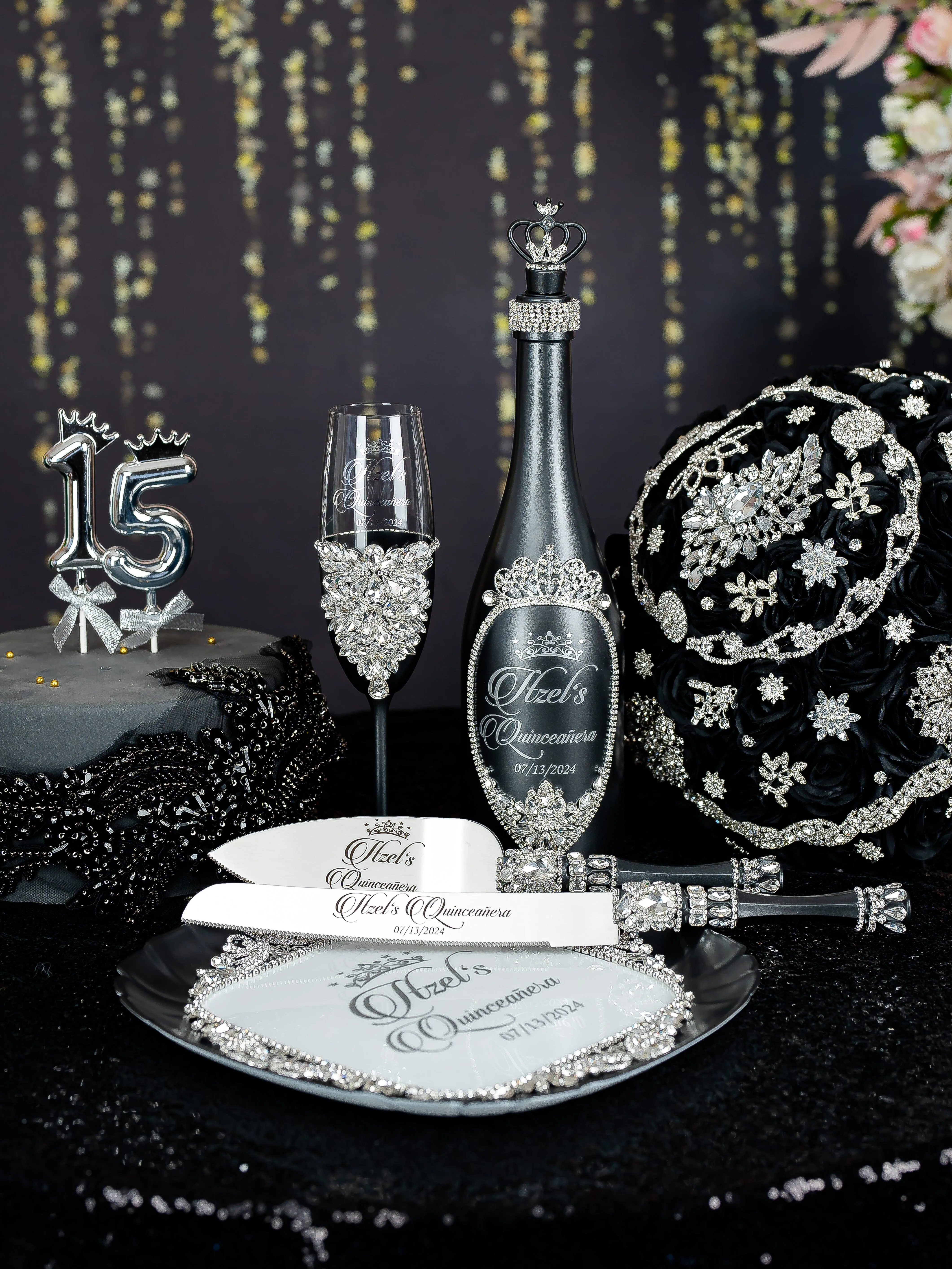 Black silver Quinceanera Bouquet 9 inches
