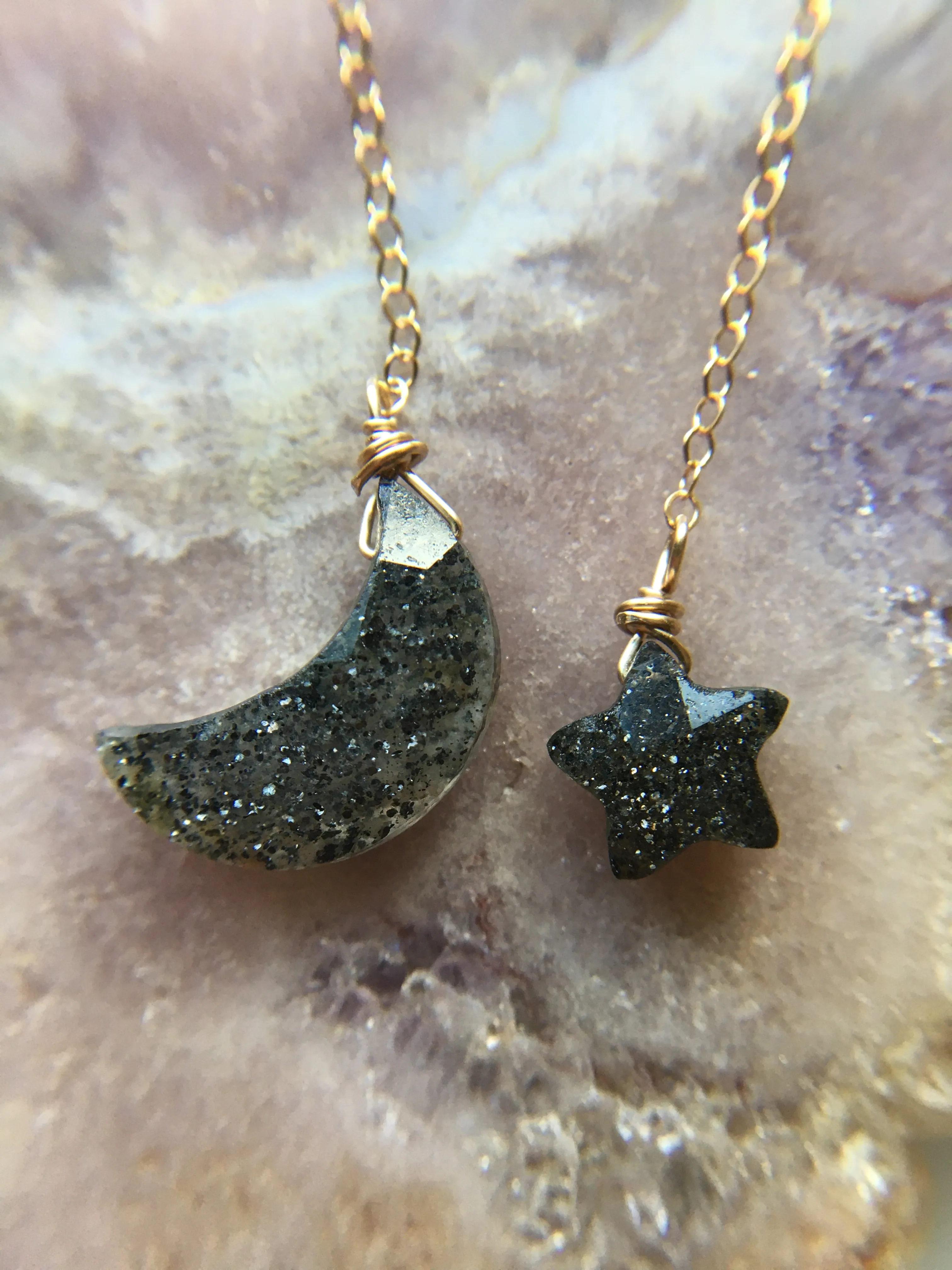 Boho Star and Moon Black Sunstone Earrings Dangle