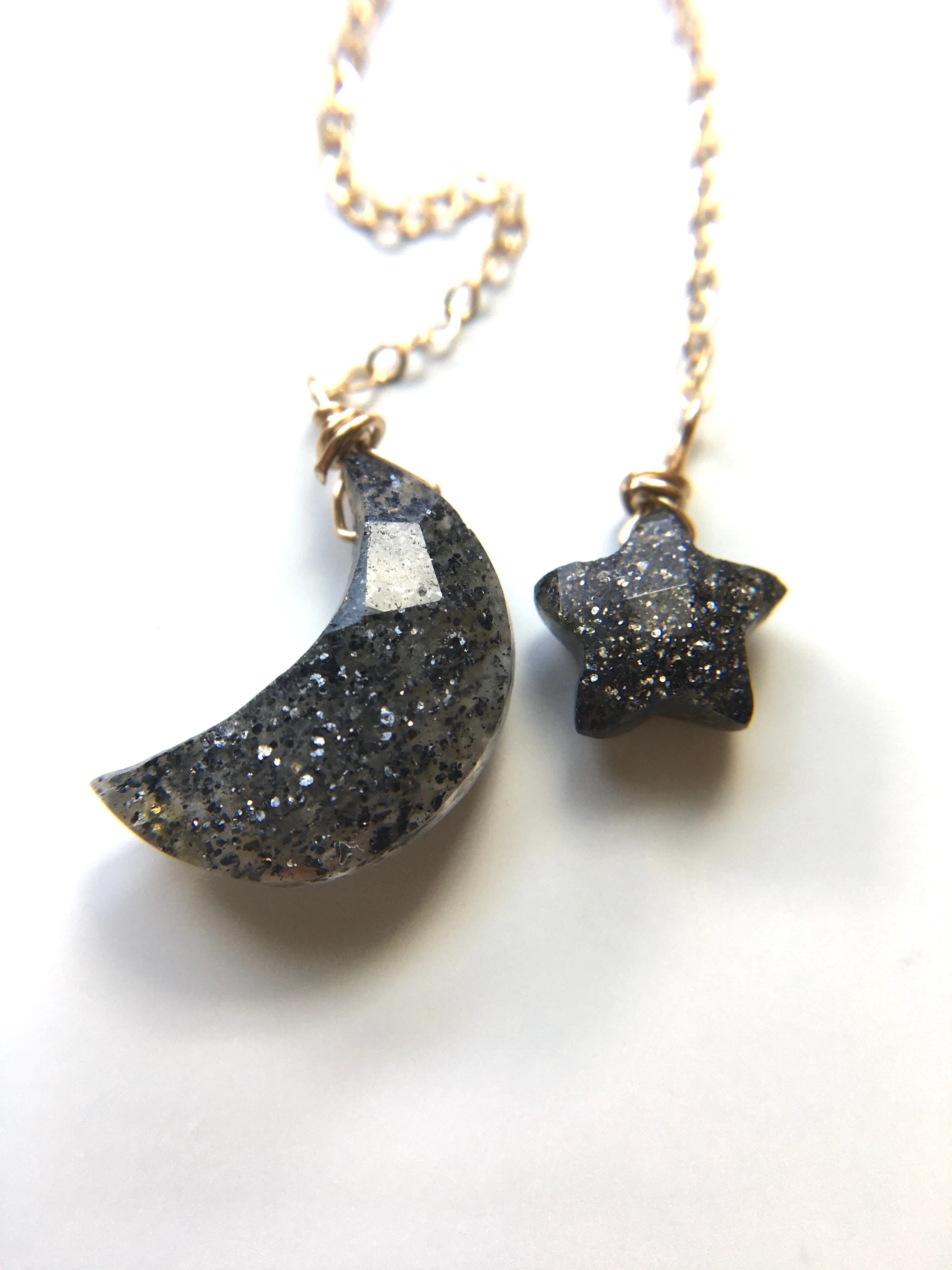 Boho Star and Moon Black Sunstone Earrings Dangle