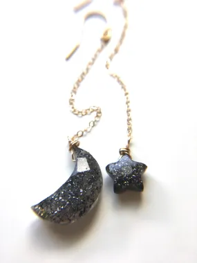 Boho Star and Moon Black Sunstone Earrings Dangle