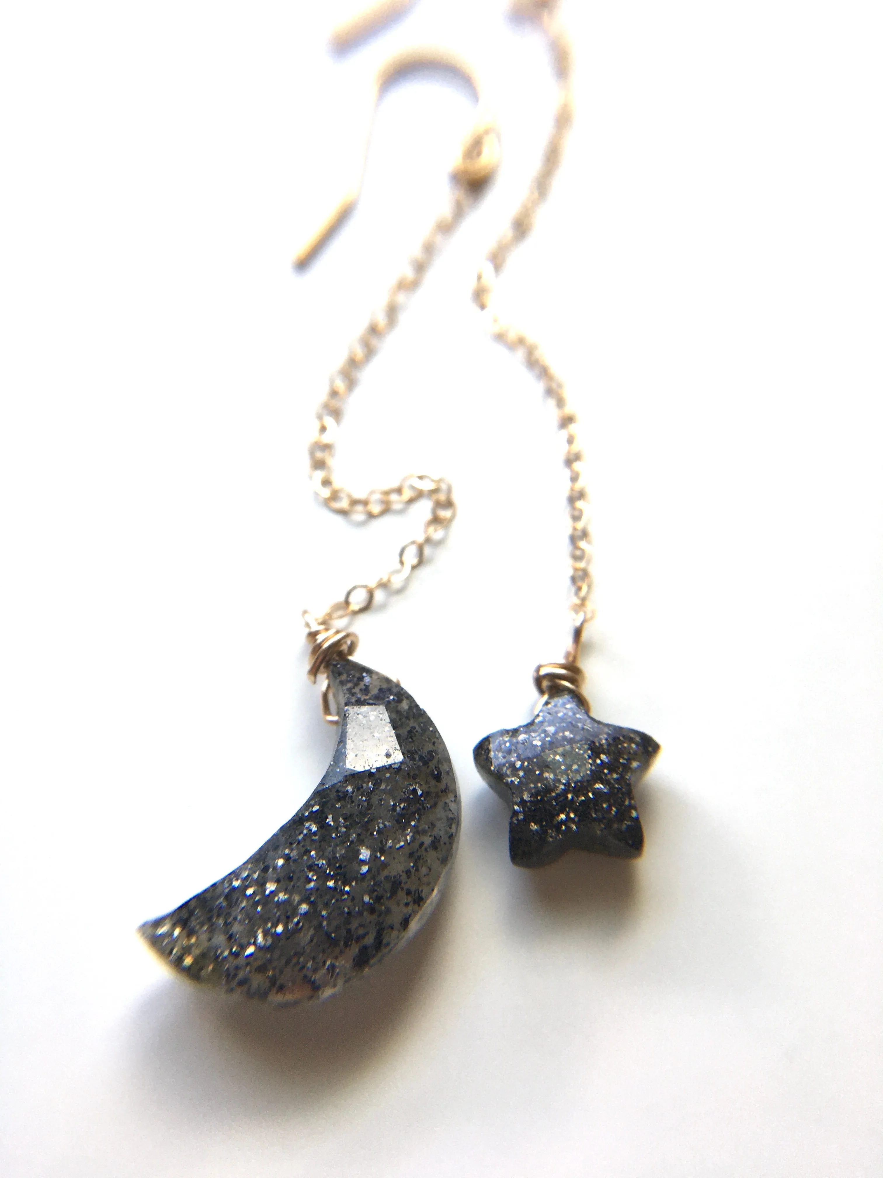 Boho Star and Moon Black Sunstone Earrings Dangle