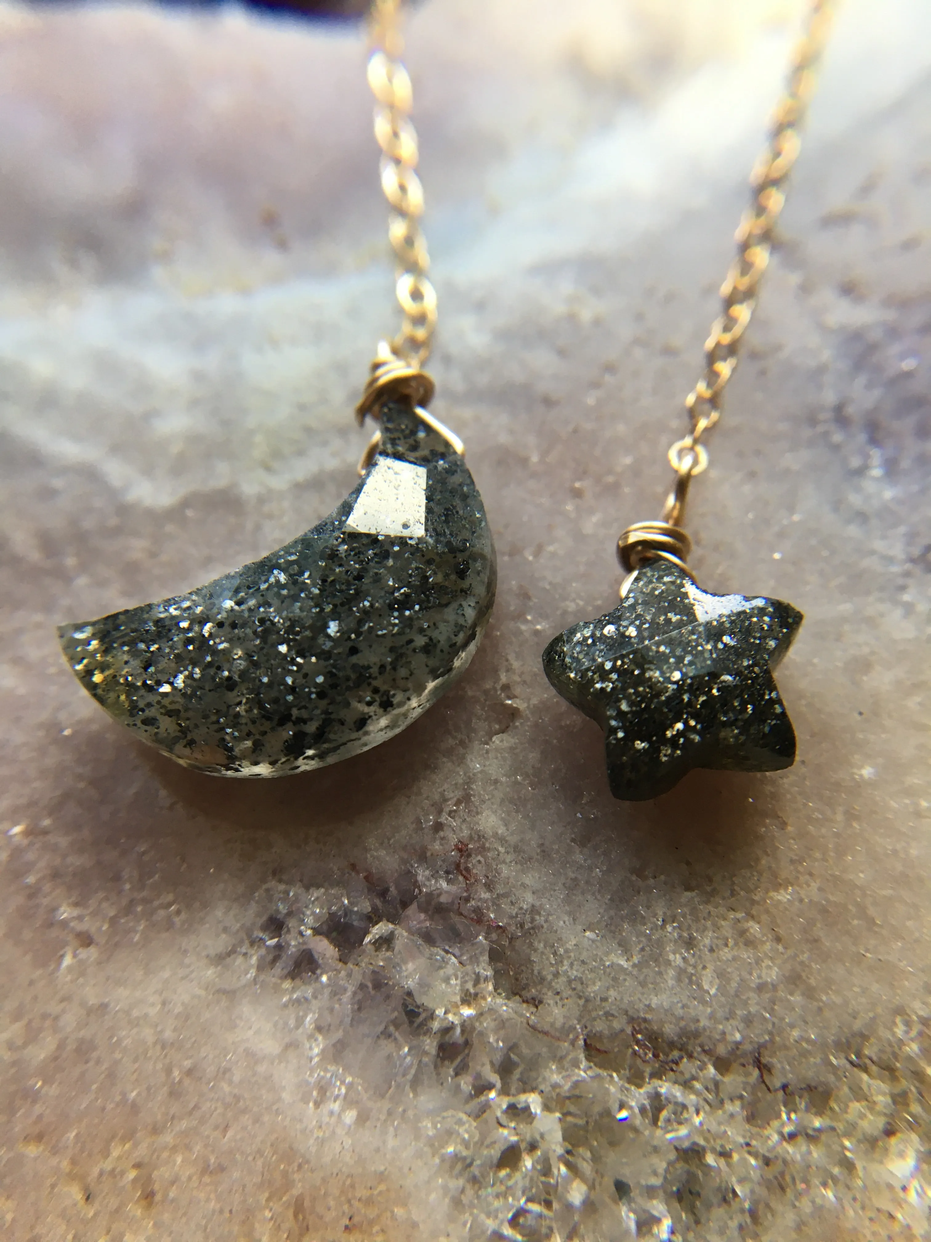 Boho Star and Moon Black Sunstone Earrings Dangle