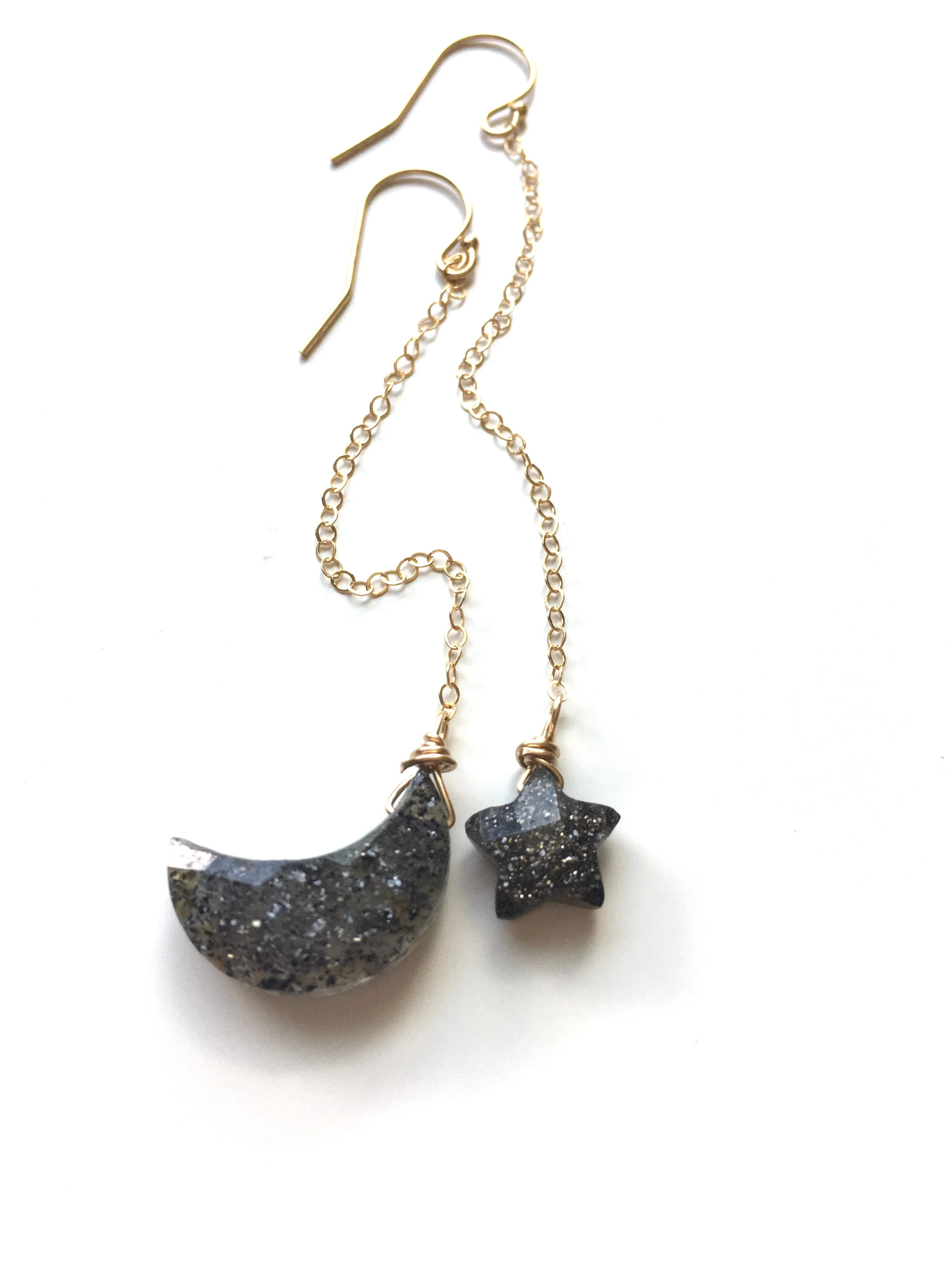 Boho Star and Moon Black Sunstone Earrings Dangle