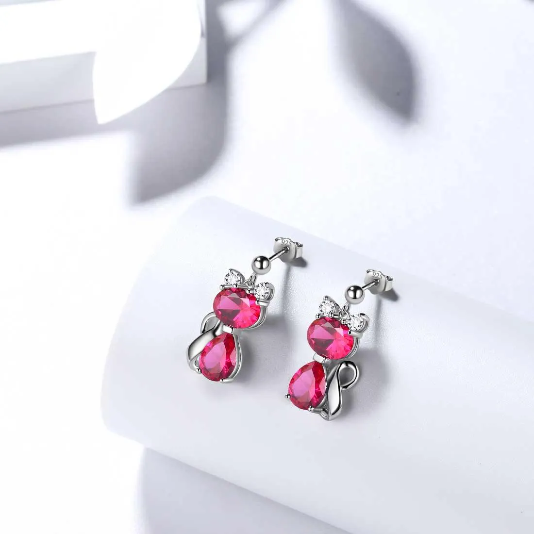 Cat Birthstone July Ruby Earrings Women Girls Jewelry Birthday Gift Sterling Silver