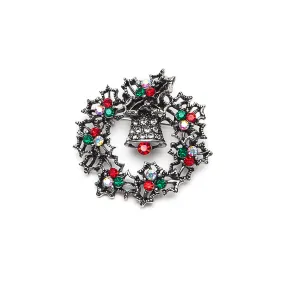 Christmas Wreath Brooch with Red and Green Crystals