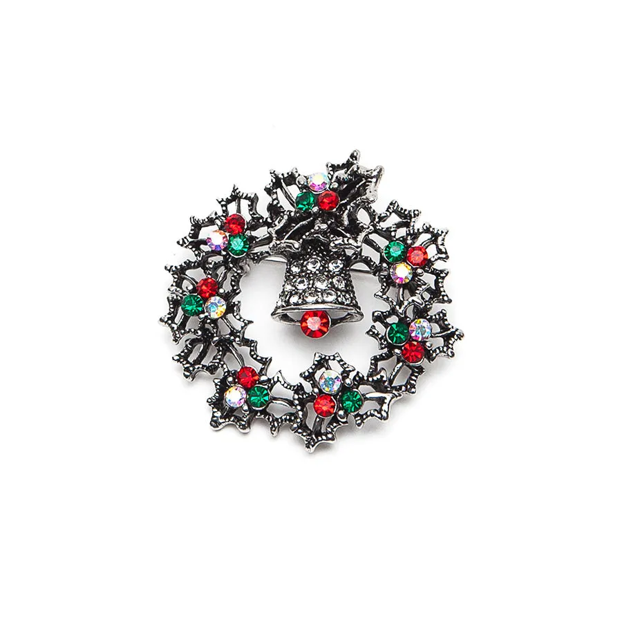 Christmas Wreath Brooch with Red and Green Crystals
