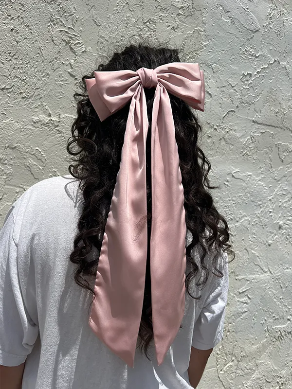 Classic Long Satin Bow Hair Clip: Pink