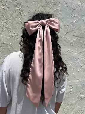 Classic Long Satin Bow Hair Clip: Pink