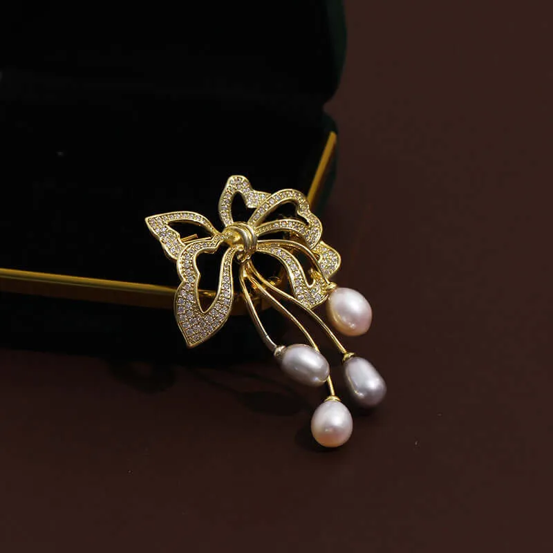 Copper Freshwater Pearl CZ Diamond Bow Brooch