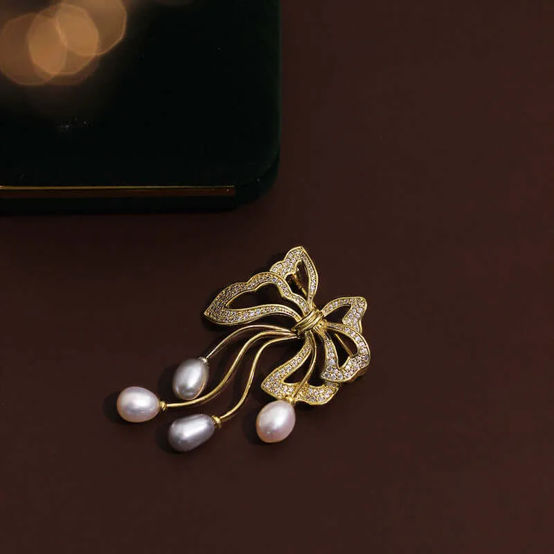 Copper Freshwater Pearl CZ Diamond Bow Brooch