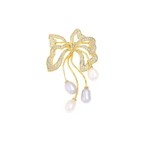 Copper Freshwater Pearl CZ Diamond Bow Brooch