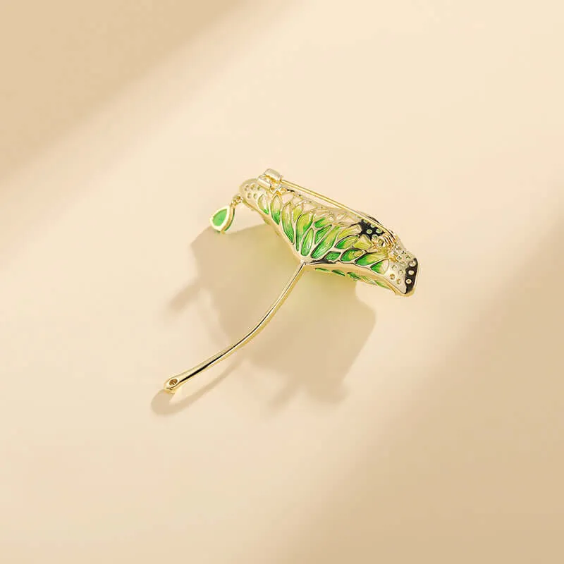 Copper Lotus Leaf Water Drop CZ Diamond Brooch