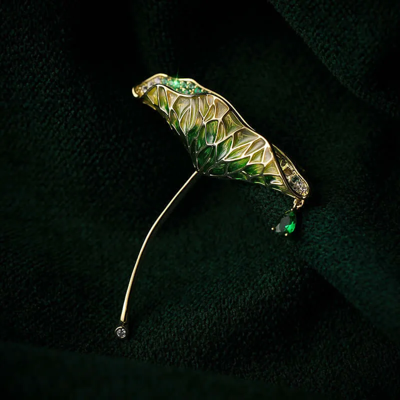 Copper Lotus Leaf Water Drop CZ Diamond Brooch