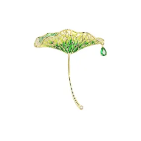 Copper Lotus Leaf Water Drop CZ Diamond Brooch