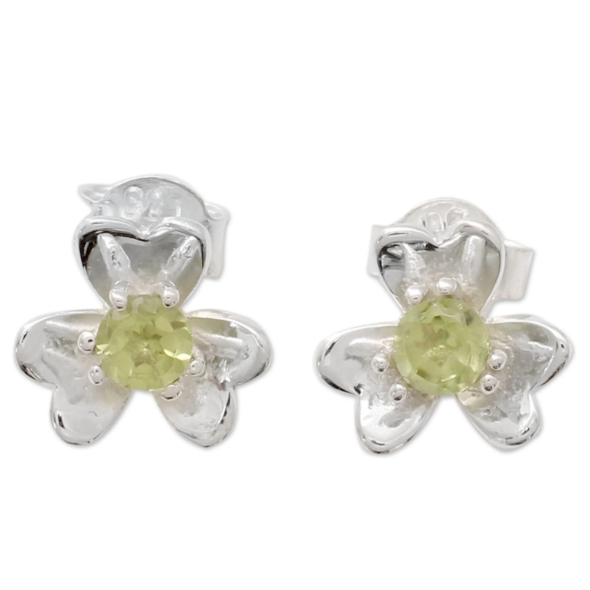 Cradle Lily Floral Peridot and Silver Button Earrings from India