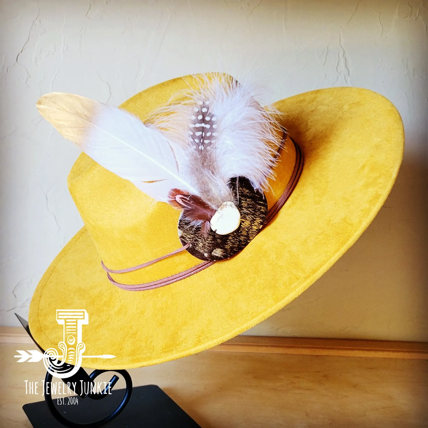 Dark Metallic Feather & Turquoise Slab Hat Band   Choice of Hat 986d