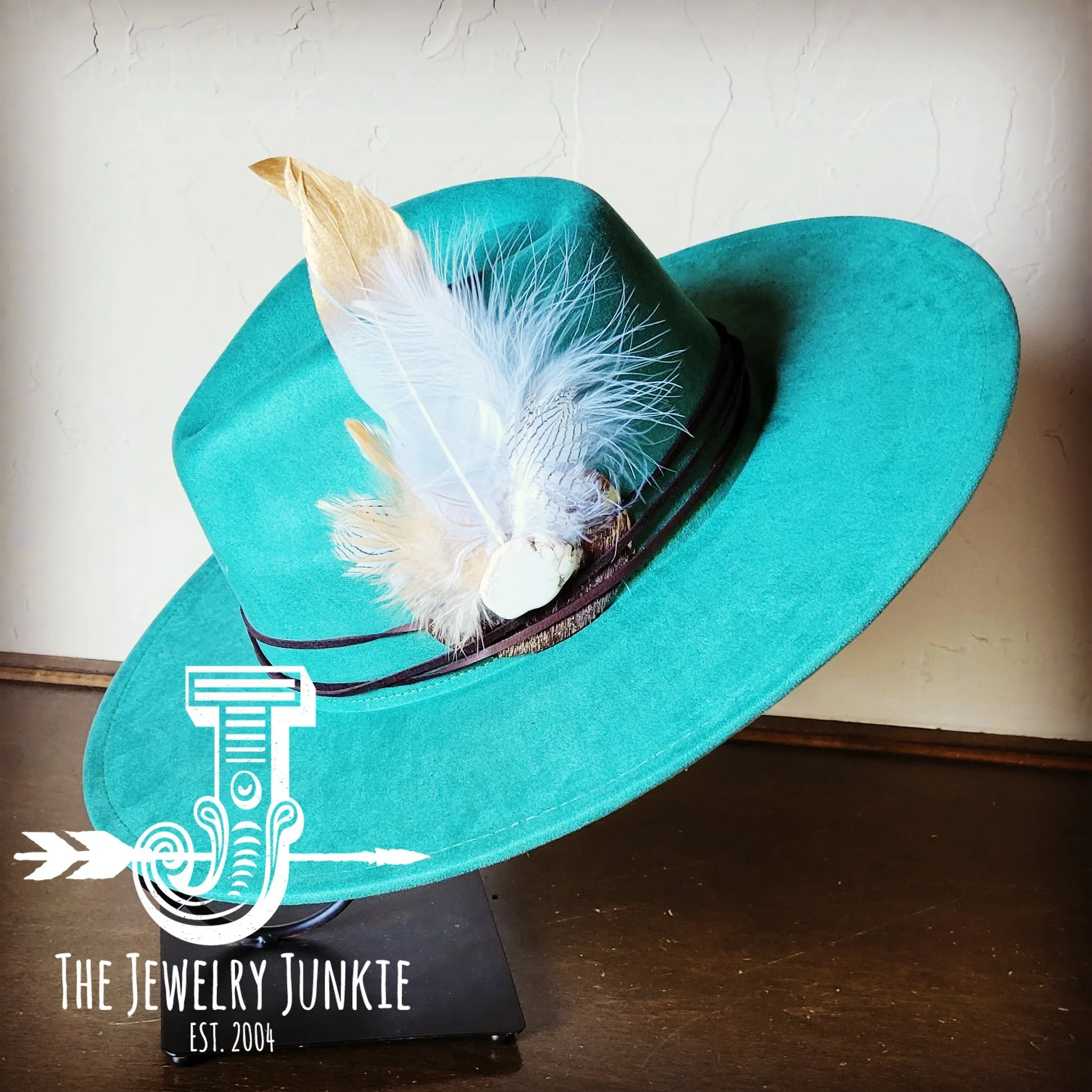 Dark Metallic Feather & Turquoise Slab Hat Band   Choice of Hat 986d