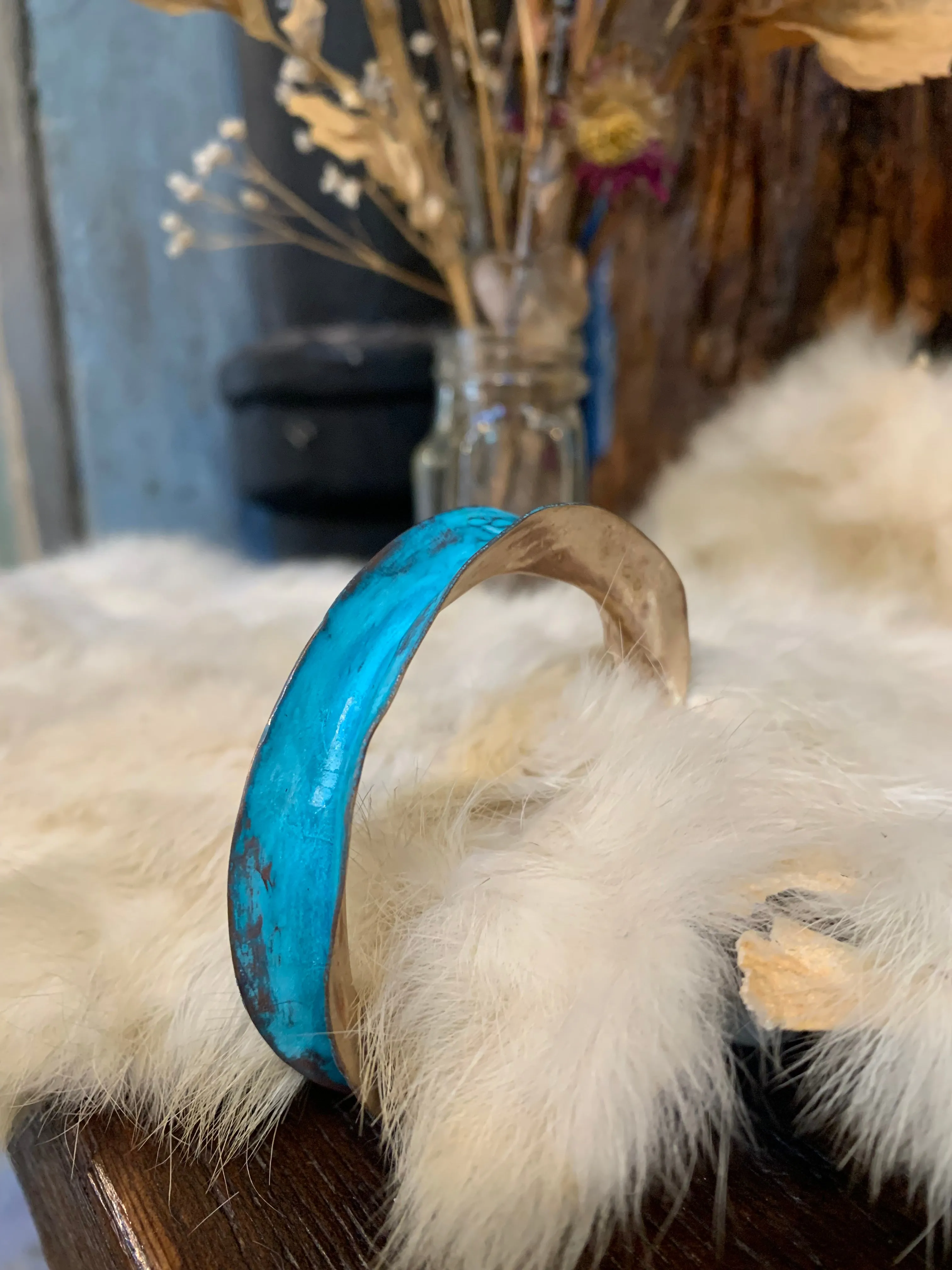 Dennis Higgins Ultra Thin Flared Light Blue Patina Bronze Cuff