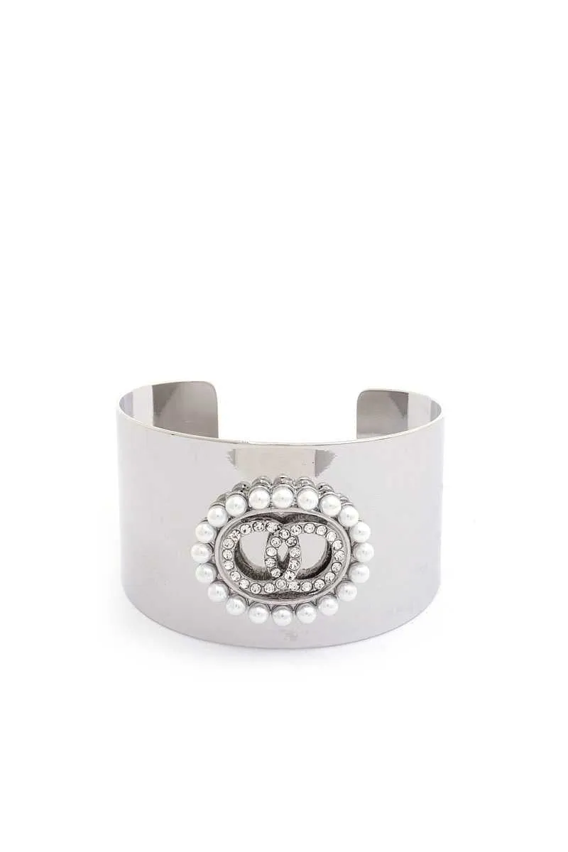 Double Link Rhinestone Pearl Metal Cuff Bracelet