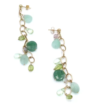 Drop Earrings Multicolor Green and Purple in 14K Yellow Gold