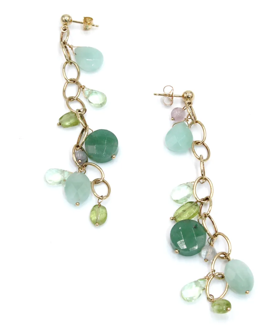 Drop Earrings Multicolor Green and Purple in 14K Yellow Gold