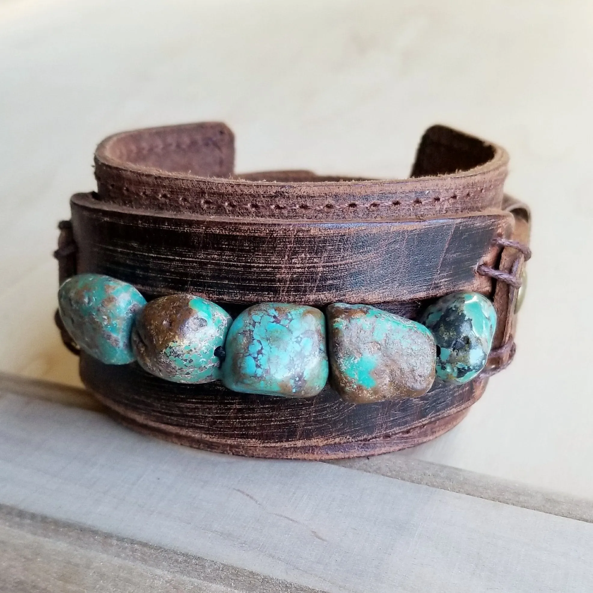 Dusty Leather Wide Cuff with African Turquoise Chunks 006p